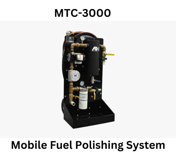 Industrial MTC-3000 Mobile Fuel Polishing System in a workshop, featuring hoses and control panel